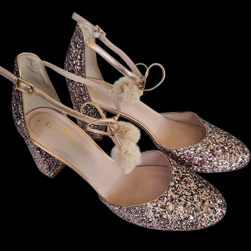 Kate Spade Pink Glitter Pumps With Pom Poms —Size 9M